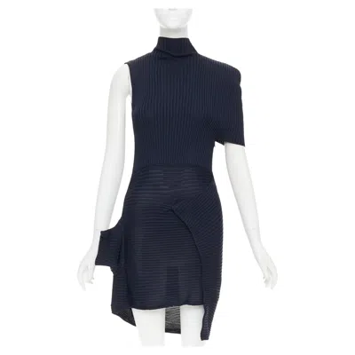Pre-owned Jw Anderson Navy Viscose Ribbed Turtleneck Deconstructed Mini Dress Xs In Blue