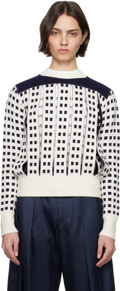 JW ANDERSON OFF-WHITE & NAVY JACQUARD PANEL SLIT SWEATER