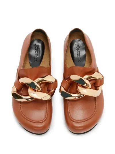 Jw Anderson Orange Leather Loafers With Oversized Gold Chain Detail In Brown