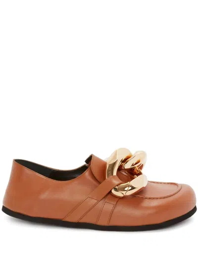 Jw Anderson Orange Oversized Gold Chain Leather Loafers In Brown