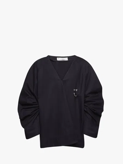 Jw Anderson Oversized V-neck Gathered Sleeve Top In Blue