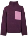 Jw Anderson Colorblock Patch Pocket Oversized Wool Turtleneck Sweater In Plum Bubble Gum Pink