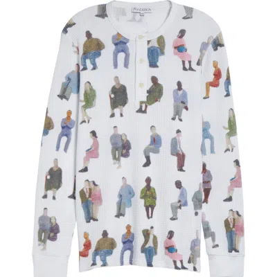 Jw Anderson People Print Waffle Knit Cotton Henley Top In White