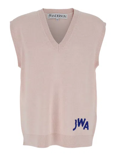 JW ANDERSON JW ANDERSON MEN PINK SLEEVELESS VEST WITH V NECK AND CONTRASTING LOGO EMBROIDERY ON THE FRONT IN COT