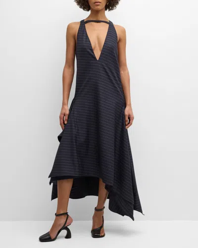Jw Anderson Plunging Striped Square-hem High-low Dress In Navy