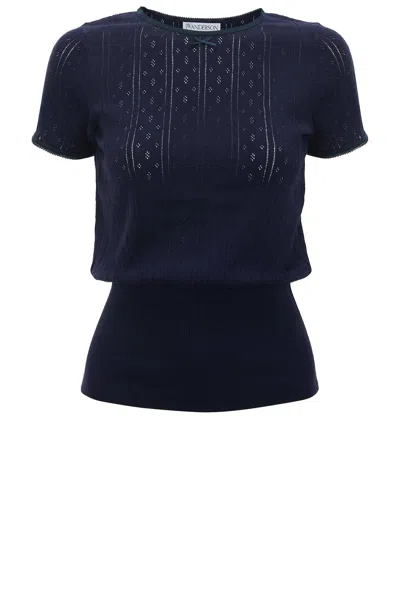 Jw Anderson Cotton Pointelle Cap Sleeve T-shirt In Navy