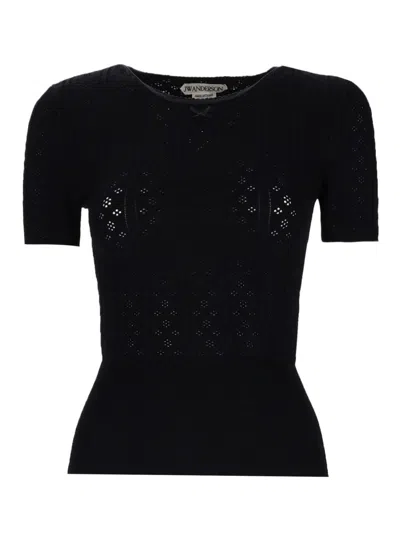 Jw Anderson Pointelle Knit Crew Neck Bow T Shirt In Black