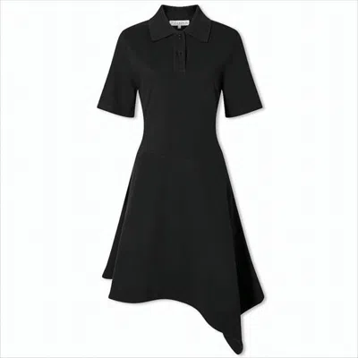 Jw Anderson Polo Collar Midi Dress With Asymmetrical Hemline In Black