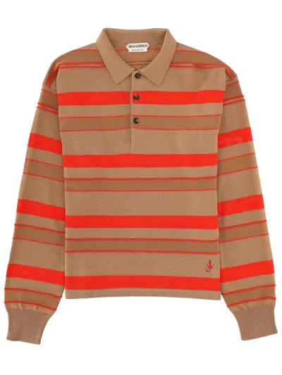 Jw Anderson Polo Shirt Logo Ribbed Cuffs Stripe Pattern In Brown