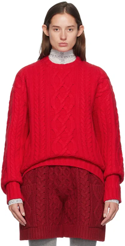 Jw Anderson Red Cable Knit Crewneck Sweater In 417 Bright Red