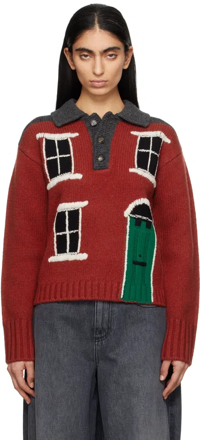 JW ANDERSON RED HOUSE' INTARSIA POLO SWEATER