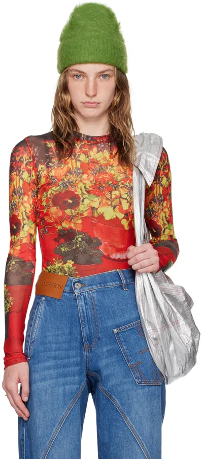 Jw Anderson Floral-print Long-sleeve T-shirt In Red