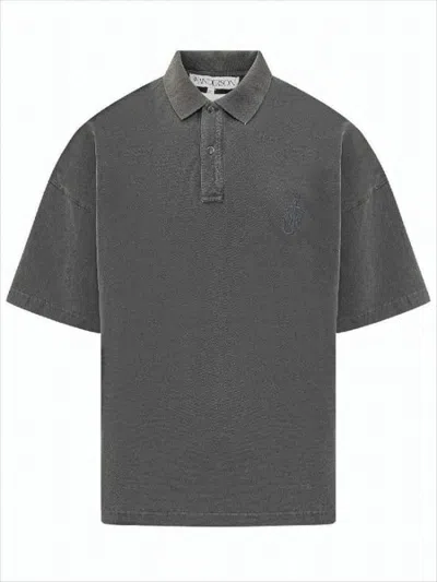 Jw Anderson Relaxed Fit Short Sleeve Polo Shirt With Textured Finish In Gray