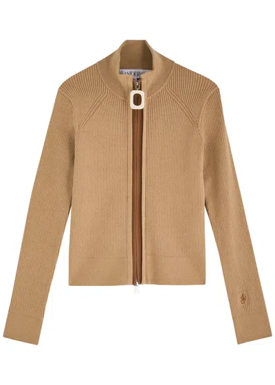 Jw Anderson Ribbed Cotton-blend Cardigan In Beige