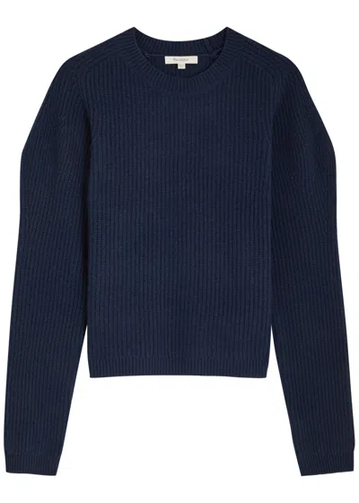 Jw Anderson Ribbed Puff-sleeve Wool-blend Jumper In Navy