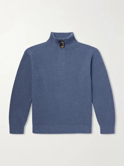 Jw Anderson Ribbed Wool And Cotton-blend Half-zip Turtleneck Sweater In Blue