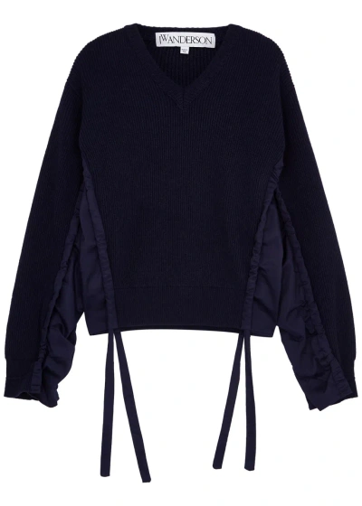 Jw Anderson Ribbed Wool-blend Jumper In Dark Blue