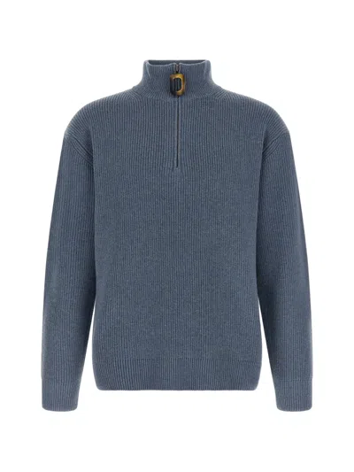 Jw Anderson Ribbed Wool And Cotton-blend Half-zip Turtleneck Sweater In Blue