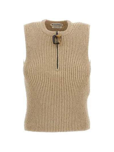 Jw Anderson Ribbed-knit Quarter-zip Top In Neutral