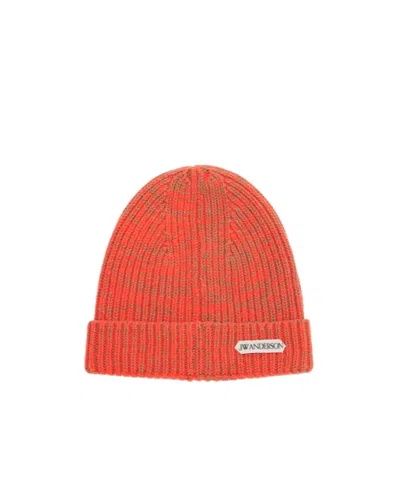 Jw Anderson Ribbed-knit Wool And Cotton Beanie In Orange