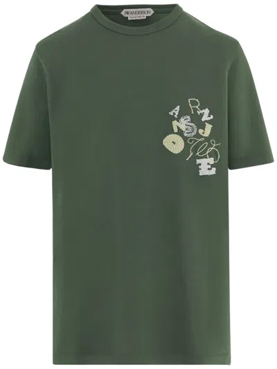 Jw Anderson Round Neck Cotton T-shirt With Contrast Logo Embroidery In Green