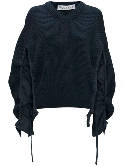 Jw Anderson Ruched-detail Wool-blend Jumper In Blue