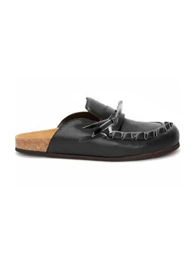 Jw Anderson Ruffle Loafer Leather Mules In Black