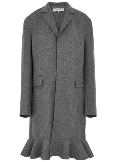 Jw Anderson Ruffle-trimmed Wool-blend Coat In Grey