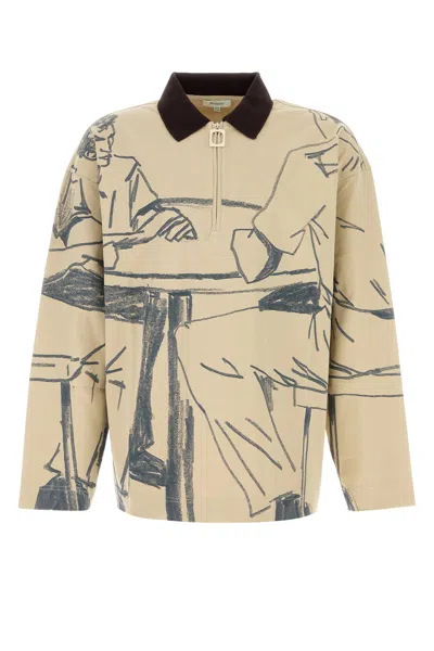 Jw Anderson Oversize Cotton Polo Shirt With Contrast Collar And Graphic Print In Neutral