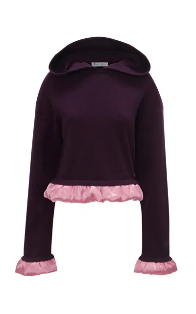 Jw Anderson Satin-trimmed Wool Hoodie In Purple