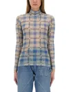 Jw Anderson Checkered Turtleneck Top With High Collar In Blue