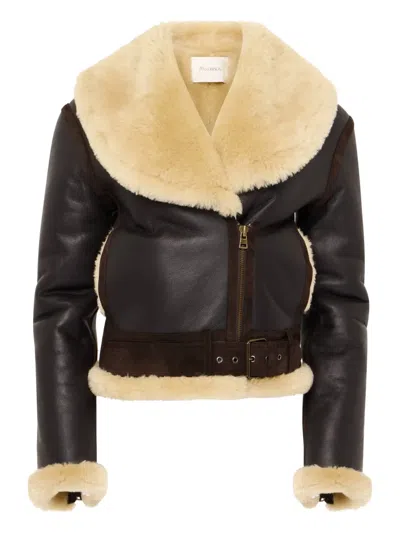 Jw Anderson Shearling-collar Leather Jacket In Brown
