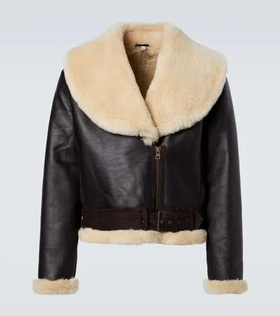 Jw Anderson Shearling-trimmed Leather Jacket In Brown