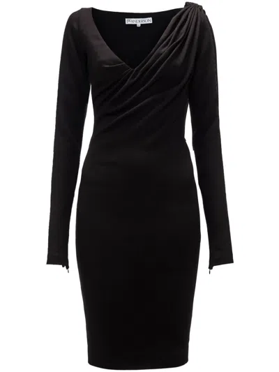 Jw Anderson Shoulder Drape V-neck Dress In Black  