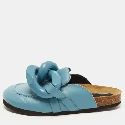 Pre-owned Jw Anderson Size 37 Light Blue Leather Chain Link Flat Mules