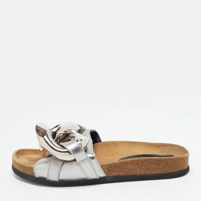 Pre-owned Jw Anderson Size 37 Silver Leather Chain Flat Sandals