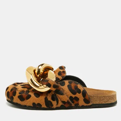 Pre-owned Jw Anderson Size 39 Brown Calf Hair Leopard Print Chain Detail Flat Mules
