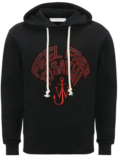 Jw Anderson Slogan-embroidered Cotton Hoodie In Black