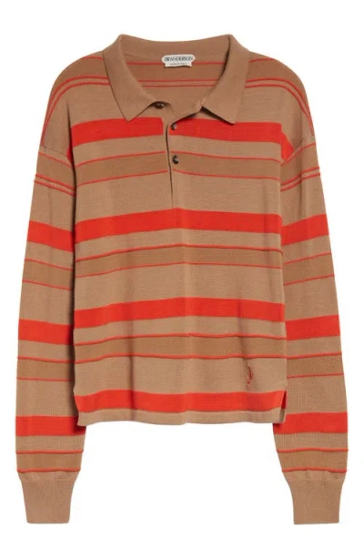 Jw Anderson Mens Biscuit Striped Rugby-collar Knitted Polo Top In Brown