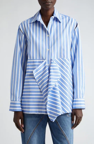 Jw Anderson Stripe Long Sleeve Draped Peplum Shirt In Blue/ White