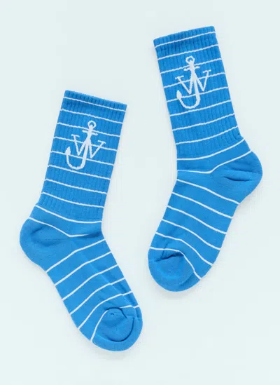 Jw Anderson Striped Anchor Socks In Blue