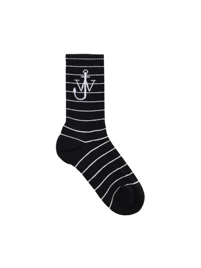 Jw Anderson Striped Cotton Socks With Logo On The Ankle In Black