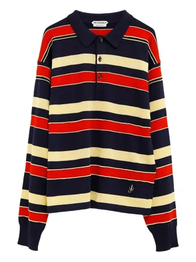 Jw Anderson Striped Polo T-shirt With Embroidered-anchor In Multi