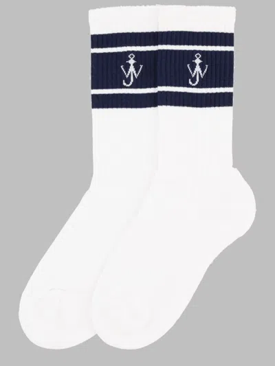 Jw Anderson Striped Logo Crew Socks In White