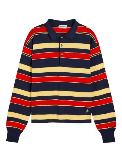 Jw Anderson Embroidered Striped Cotton And Wool-blend Polo Shirt In Multi