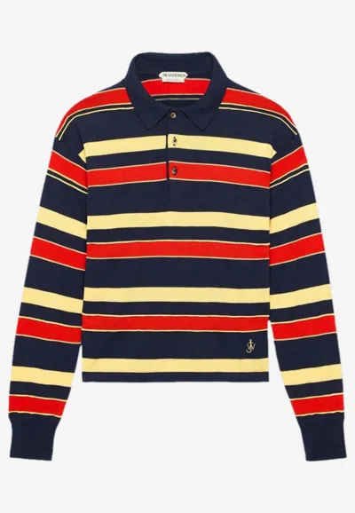 Jw Anderson Striped Polo T-shirt With Embroidered-anchor In Multi