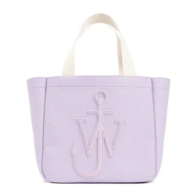 Jw Anderson Structured Cotton Tote Bag With Embossed Logo And Leather Pull In White