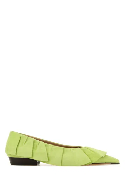 Jw Anderson Suede Ballerinas Pointed Toe Ruffle Detail In Green