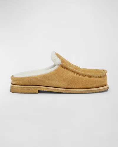 Jw Anderson Suede Shearling Loafer Mules In Mustaza & Mrn Beige