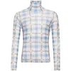 Jw Anderson Light Blue Turtleneck T-shirt With All-over Check Motif And All-over Logo Print In Tech Fabric Stret In Multicolor